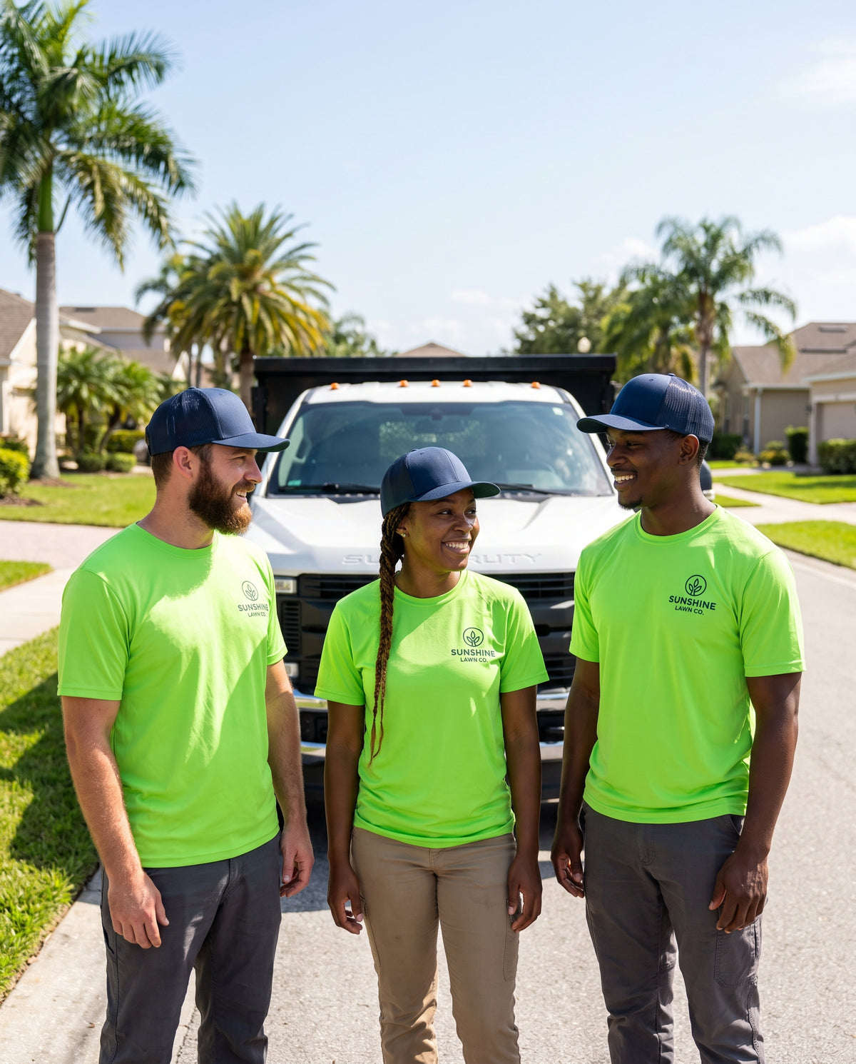 Landscaping crew wearing matching custom Dri-FIT shirts and trucker hats in Florida