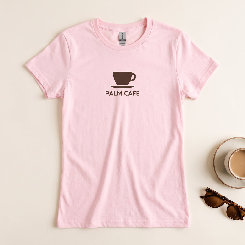 Custom women's Gildan 64000L t-shirt in light pink with a cafe logo