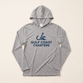 Custom performance pullover hooded tee in heather grey with a charter company logo