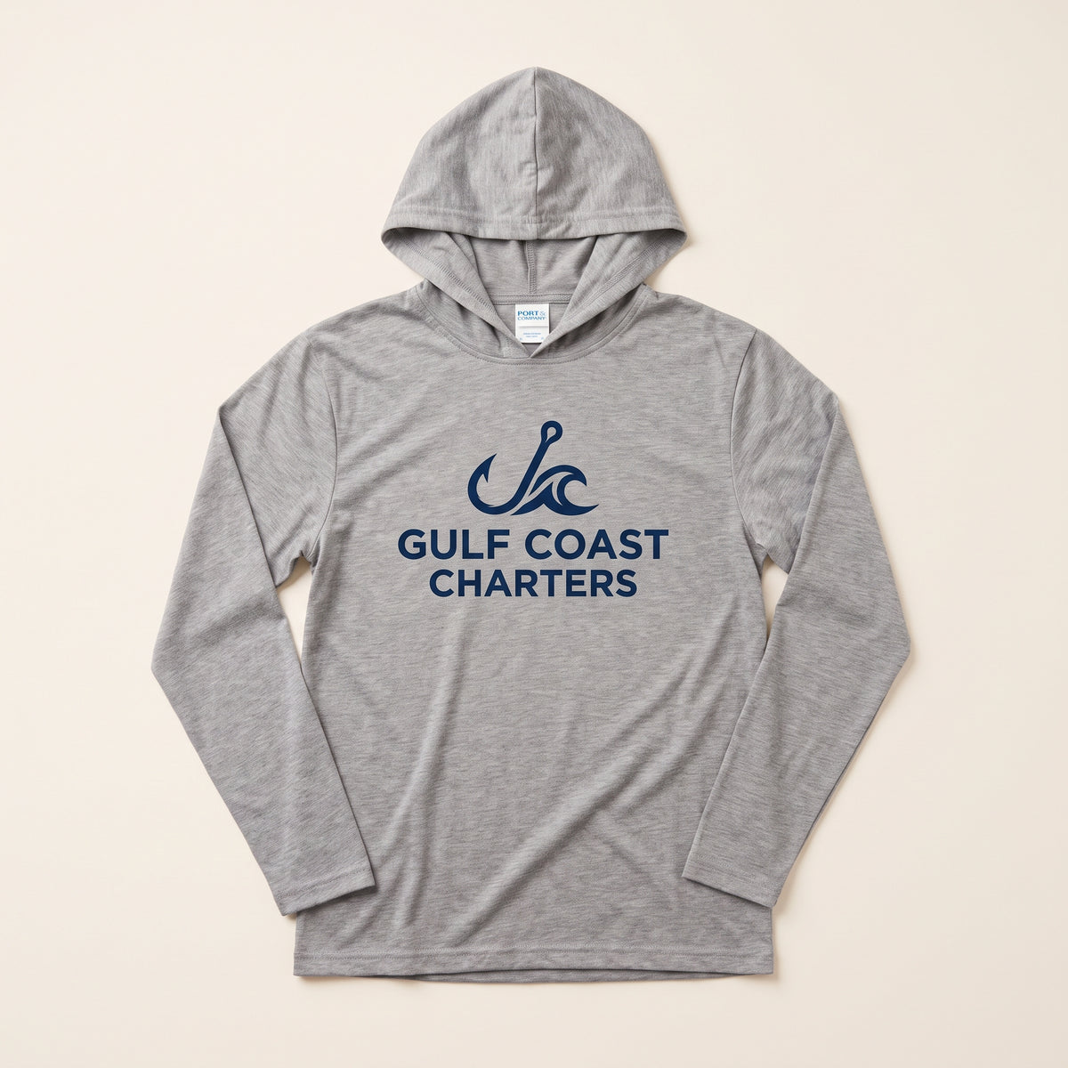 Custom performance pullover hooded tee in heather grey with a charter company logo