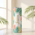 Custom 20 oz skinny tumbler with tropical palm leaf wrap and personalized name