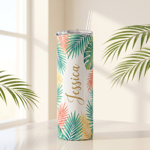 Custom 20 oz skinny tumbler with tropical palm leaf wrap and personalized name