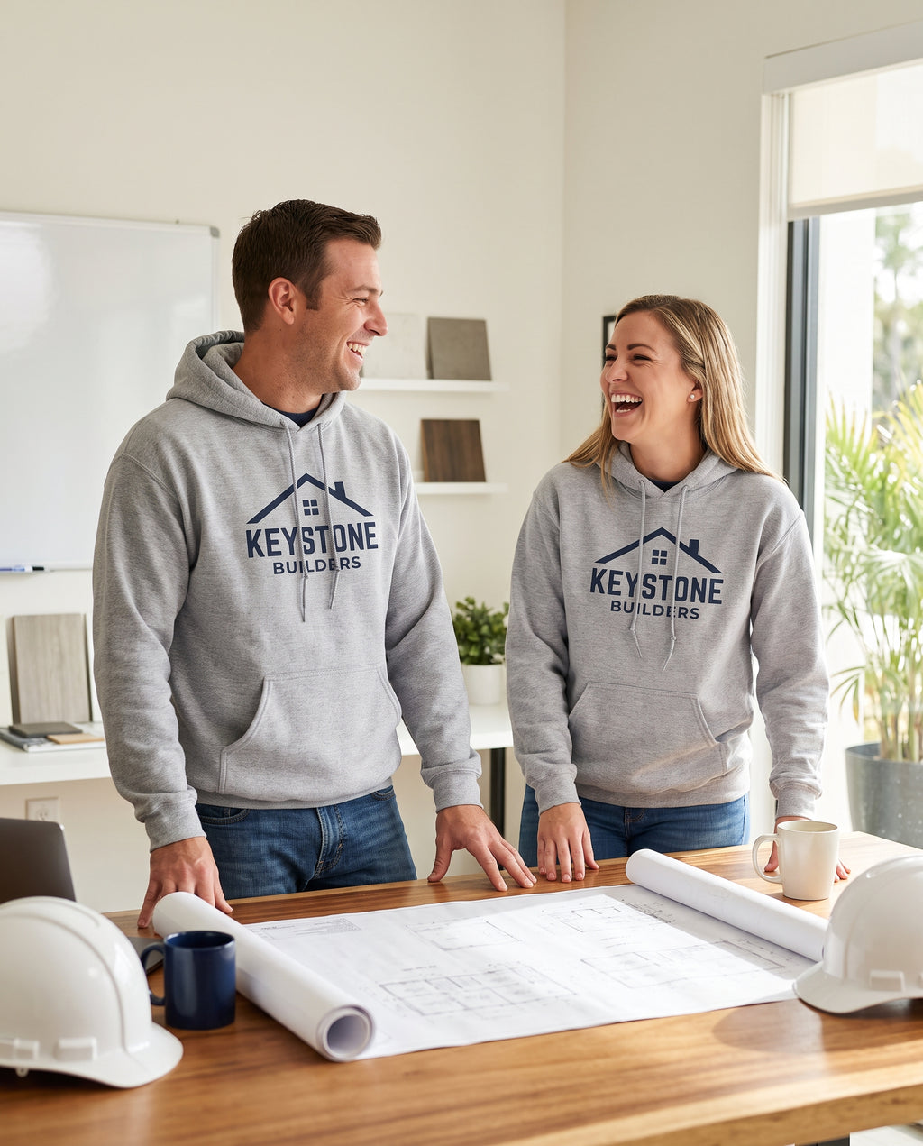 Coworkers wearing matching custom grey logo hoodies in an office