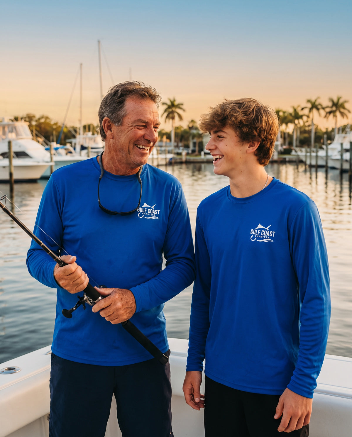 Fishing charter crew wearing custom long sleeve performance shirts at a Florida marina
