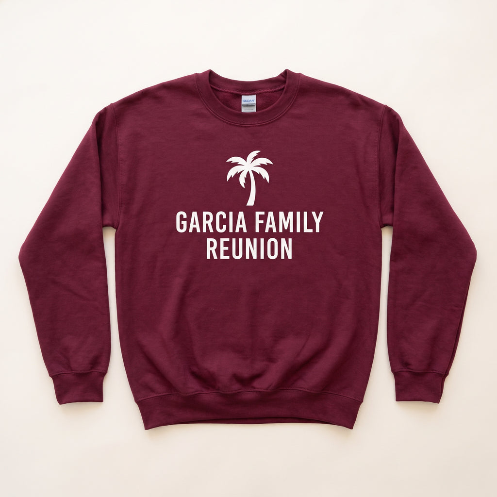 Custom Gildan 18000 crewneck sweatshirt in maroon with a family reunion design