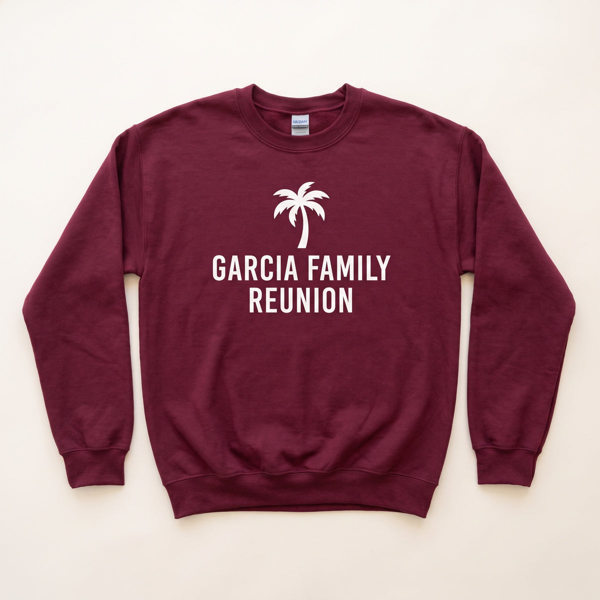 Custom Gildan 18000 crewneck sweatshirt in maroon with a family reunion design
