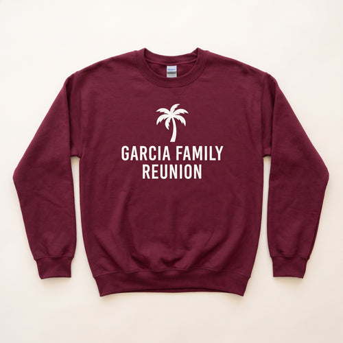 Custom Gildan 18000 crewneck sweatshirt in maroon with a family reunion design