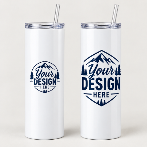 Two custom 20 oz white skinny tumblers with straws showing a small and a large YOUR DESIGN HERE print