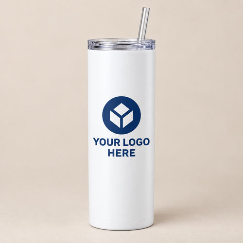 Custom 20 oz white skinny tumbler with a YOUR LOGO HERE placeholder print