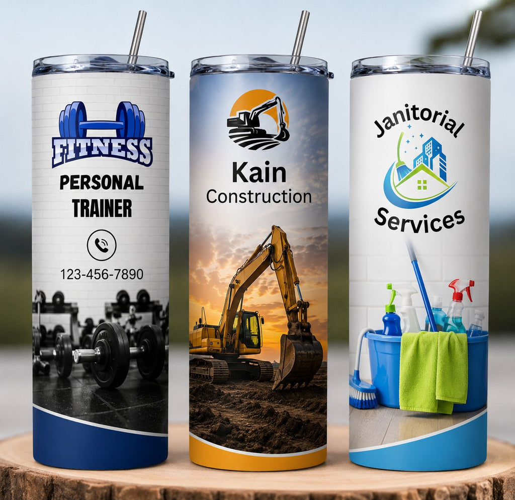 Custom 20 oz sublimated full wrap tumblers for personal trainer, construction and janitorial business