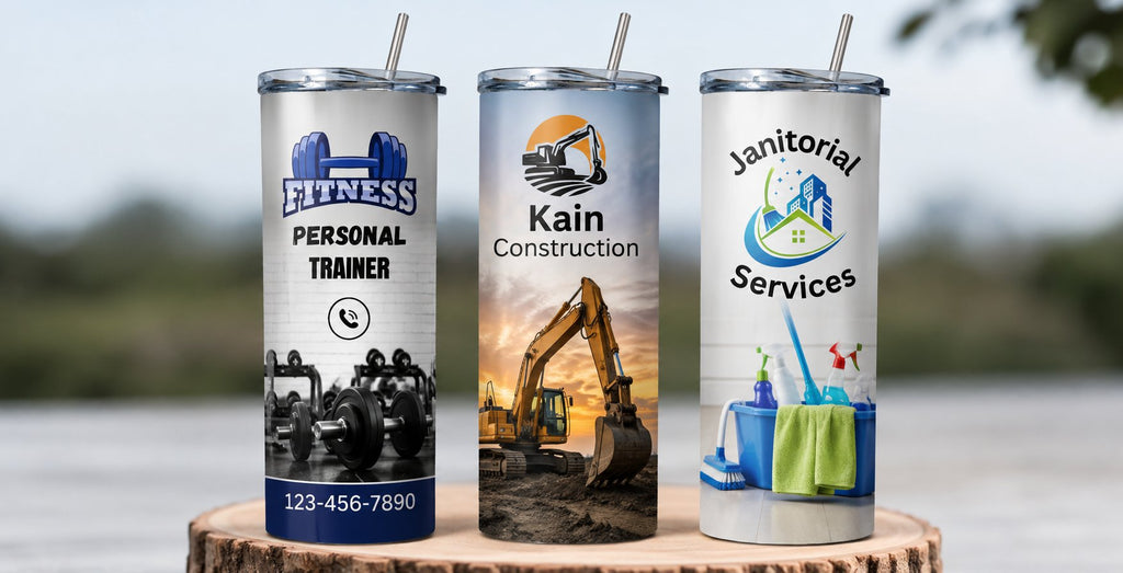 Custom 20 oz full wrap tumblers with business logo and phone number