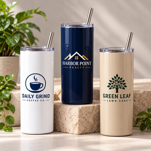 Custom 20 oz skinny tumblers with business logos for coffee shop, realty and lawn care