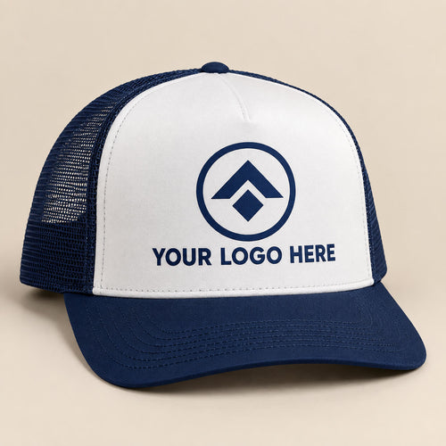 Custom navy and white 5-panel mesh back trucker hat with a YOUR LOGO HERE placeholder print