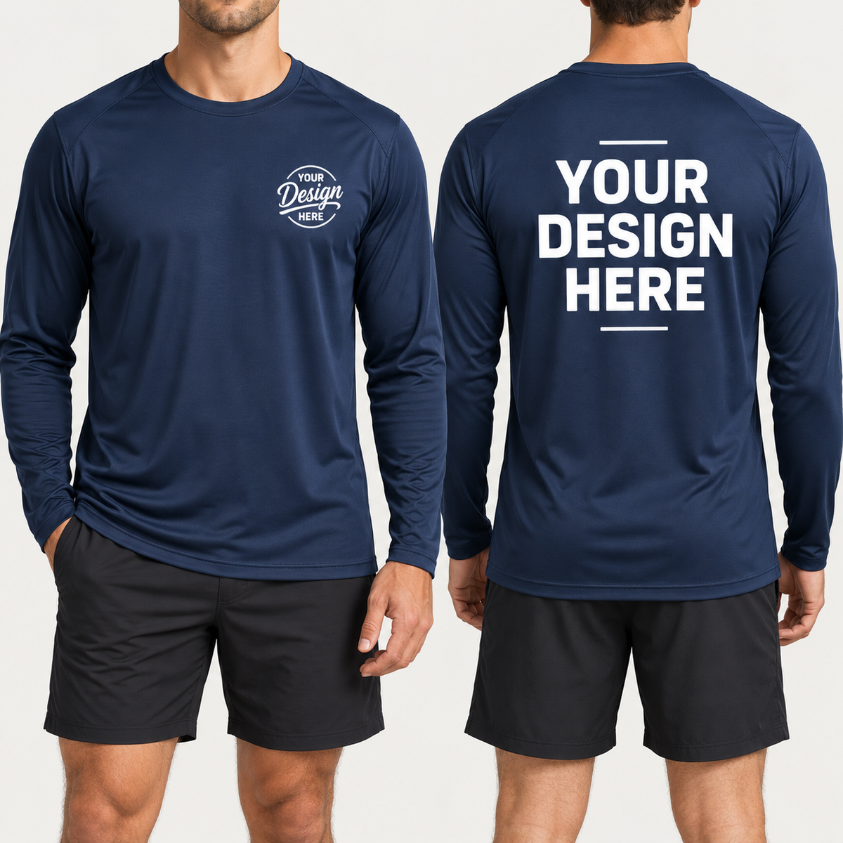 Custom A4 Sprint long sleeve dri-fit t-shirt in Navy, front and back, with a YOUR DESIGN HERE left chest logo and large back print