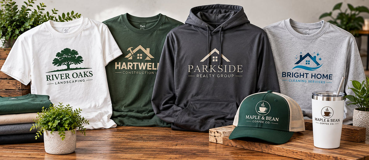 Custom business and team apparel with company logos printed with DTF on t-shirts, hoodie, hat and tumbler