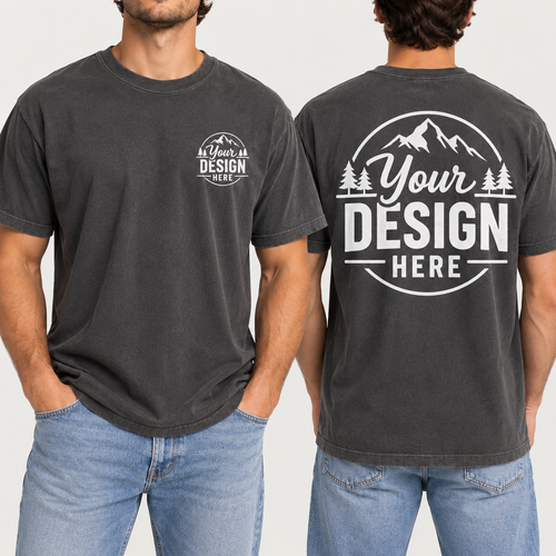 Custom Comfort Colors 1717 t-shirt in Pepper, front and back, with a YOUR DESIGN HERE left chest logo and large back print