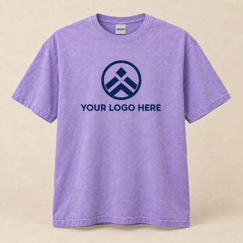 Custom lilac garment-dyed t-shirt with a YOUR LOGO HERE placeholder print
