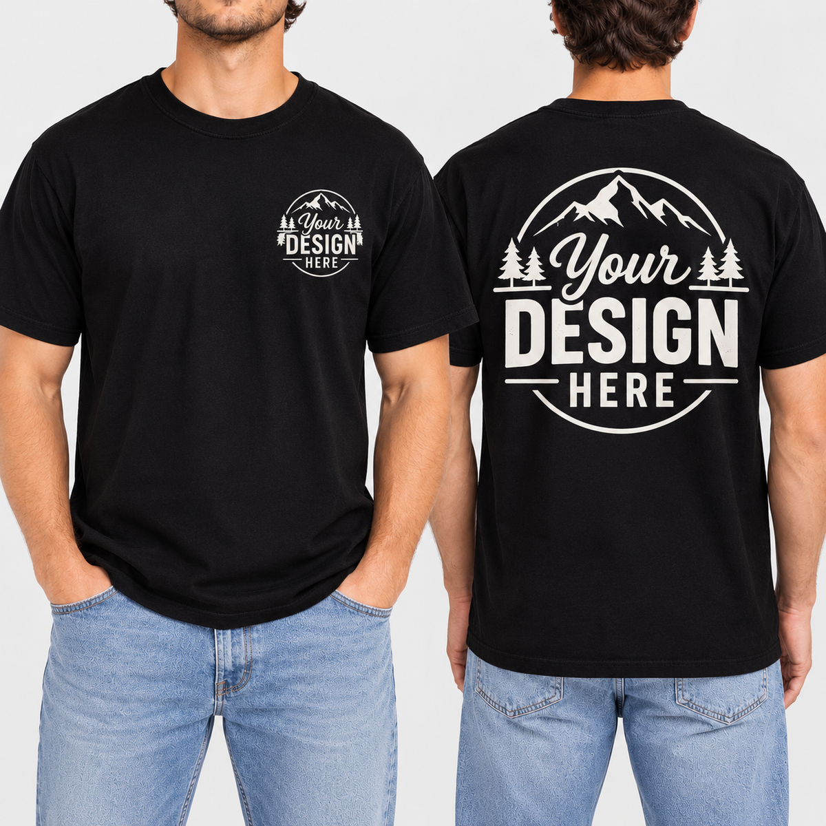 Custom Gildan 5000 heavy cotton t-shirt in Black, front and back, with a YOUR DESIGN HERE left chest logo and large back print