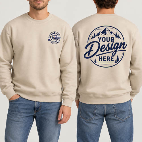 Custom Gildan crewneck sweatshirt in Sand, front and back, with a YOUR DESIGN HERE left chest logo and large back print