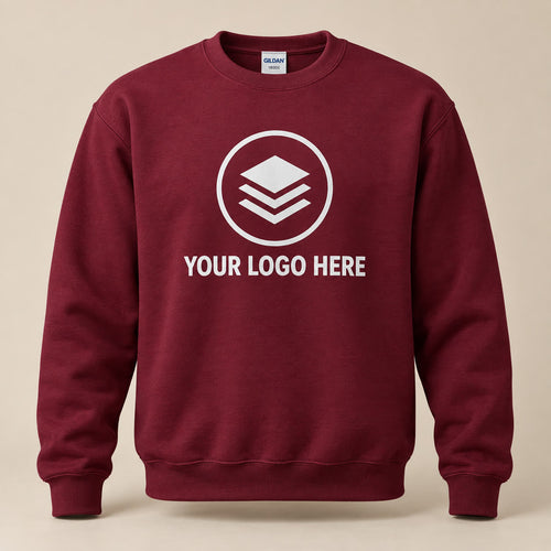 Custom maroon crewneck sweatshirt with a YOUR LOGO HERE placeholder print