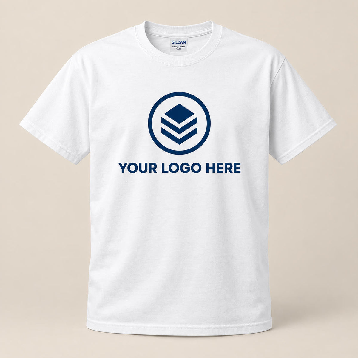 Custom white heavy cotton t-shirt with a YOUR LOGO HERE placeholder print