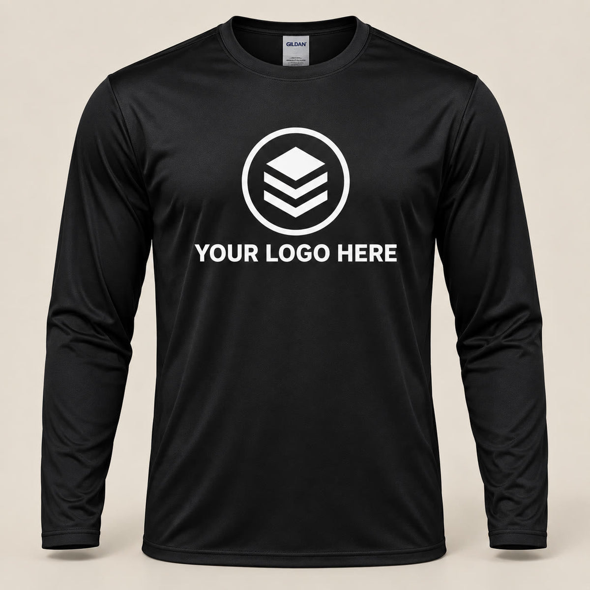 Custom black long sleeve dri-fit t-shirt with a YOUR LOGO HERE placeholder print