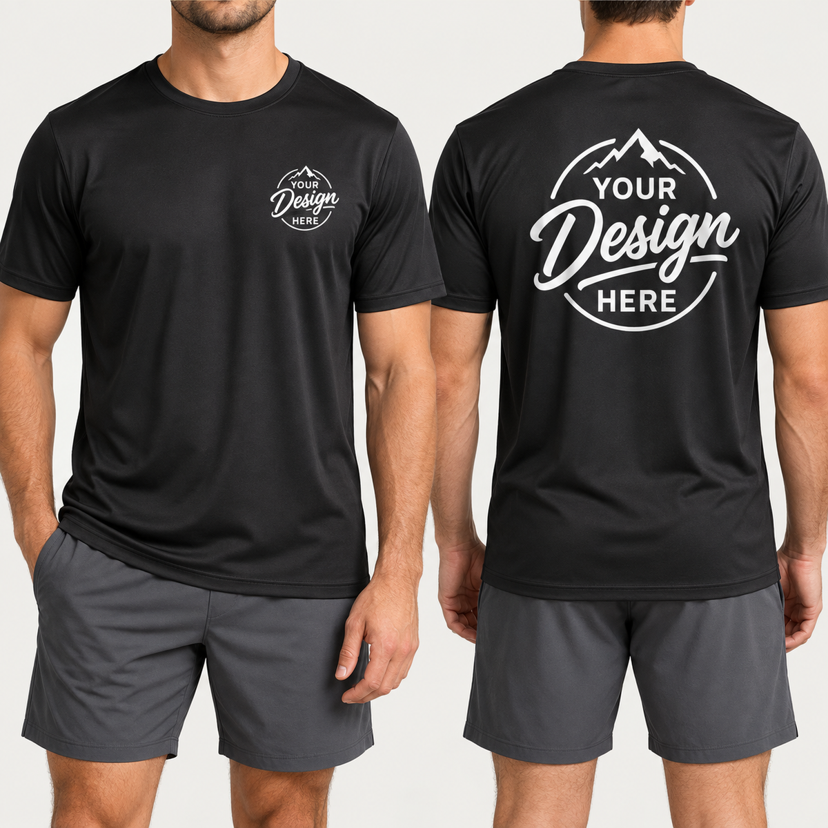 Custom Sport-Tek ST350 performance tee in Black, front and back, with a YOUR DESIGN HERE left chest logo and large back print