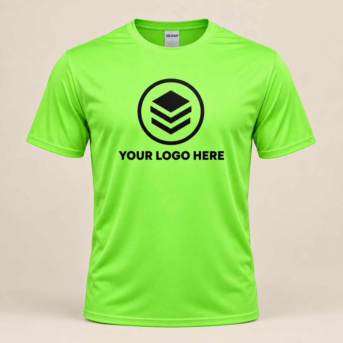 Custom neon green performance tee with a YOUR LOGO HERE placeholder print