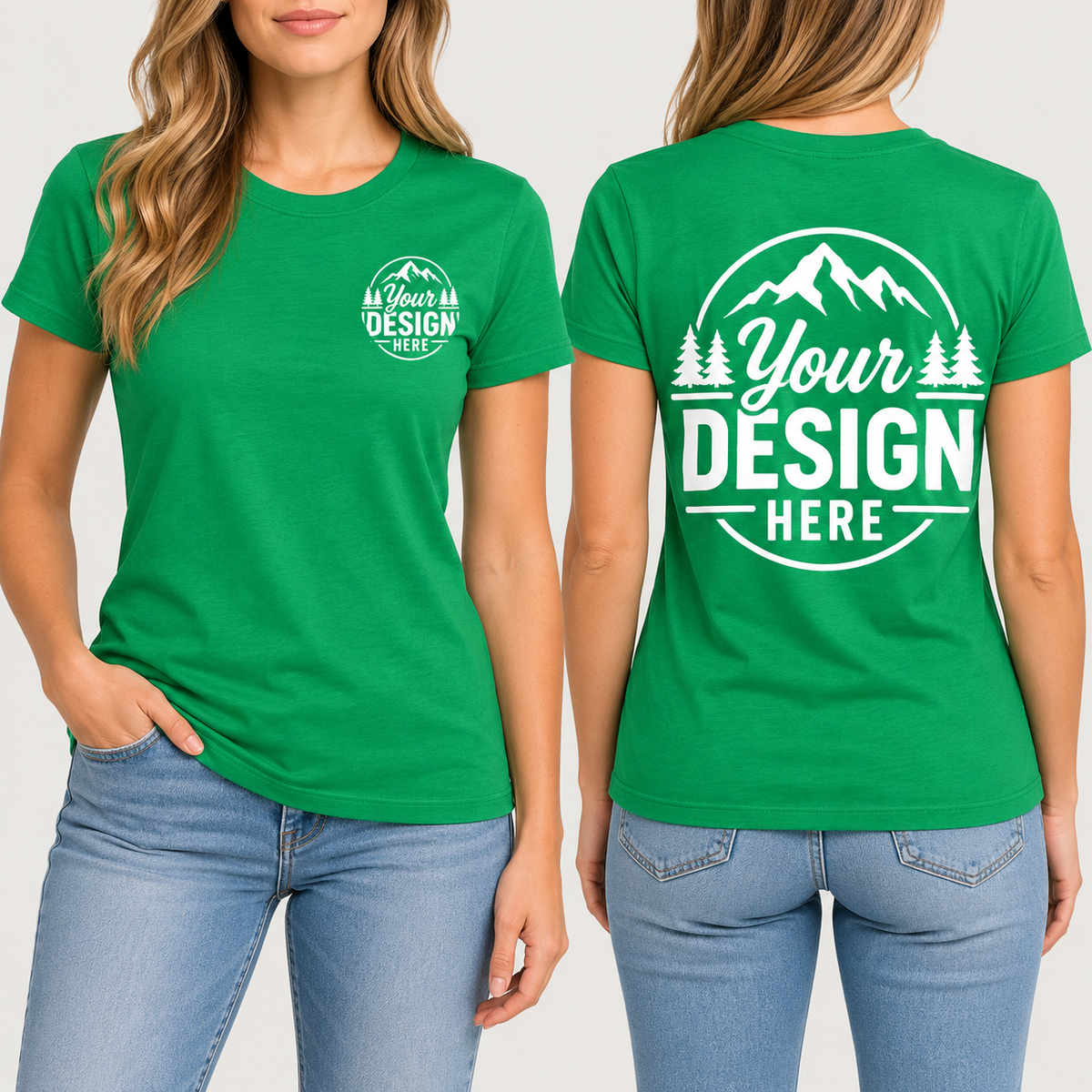 Custom women's Gildan Softstyle t-shirt in green, front and back, with a YOUR DESIGN HERE left chest logo and large back print