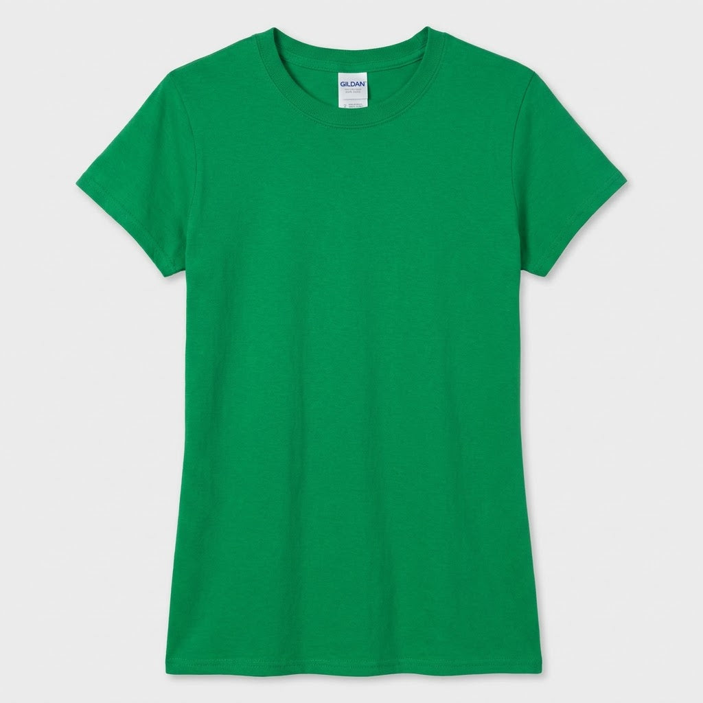 Women's Gildan 64000L softstyle t-shirt in Irish Green, blank front view, ready for custom logo printing