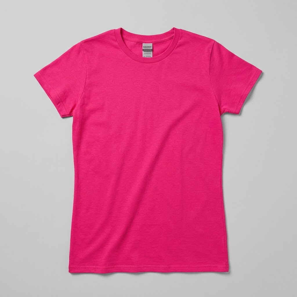 Women's Gildan 64000L softstyle t-shirt in heliconia pink, blank front view, ready for custom logo printing