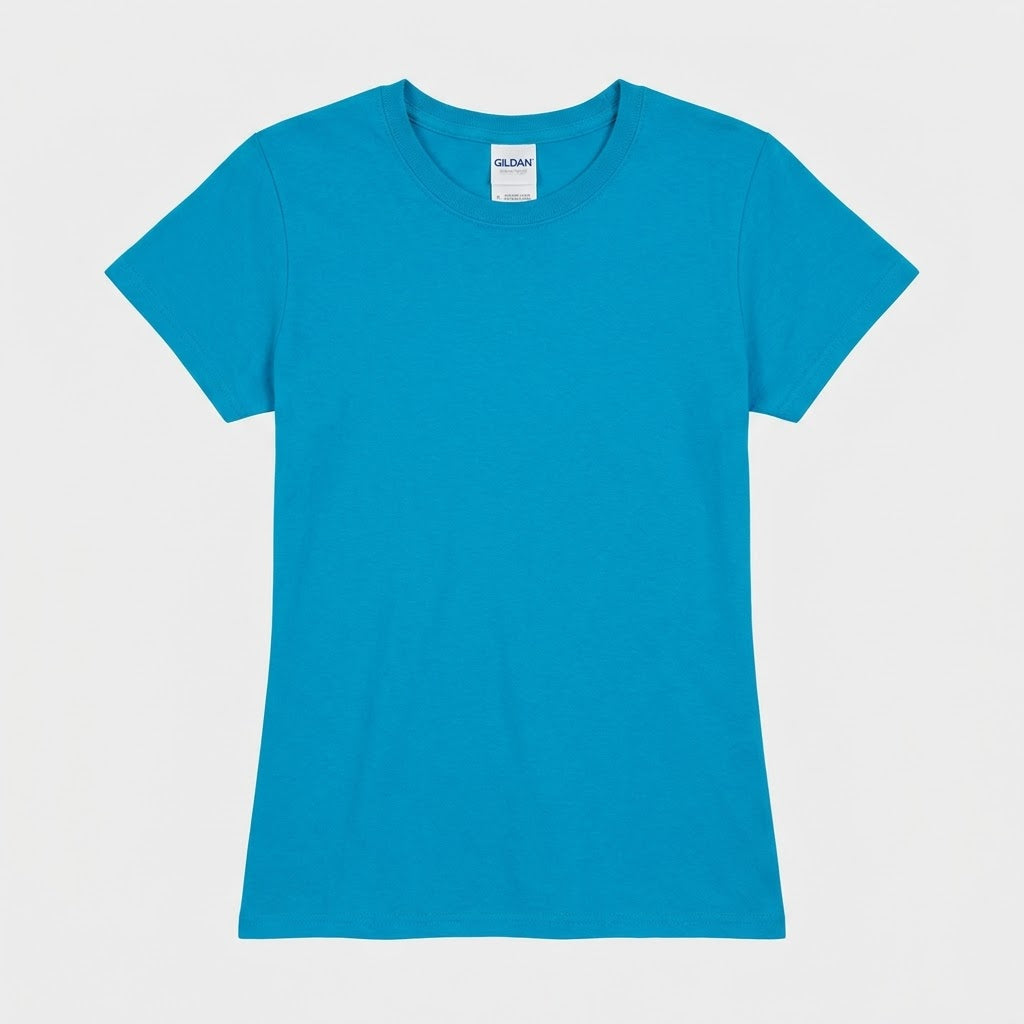 Women's Gildan 64000L softstyle t-shirt in Sapphire, blank front view, ready for custom logo printing
