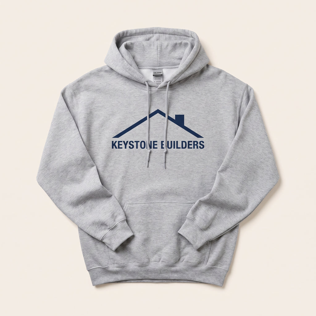 Custom Gildan 18500 hoodie in sport grey with a navy construction company logo