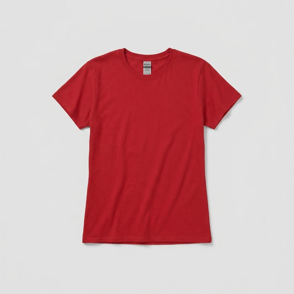 Women's Gildan 64000L softstyle t-shirt in red, blank front view, ready for custom logo printing