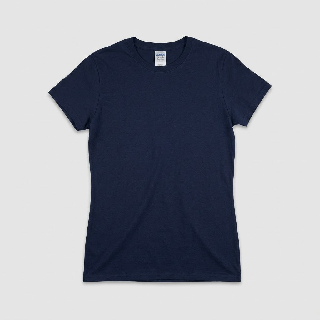 Women's Gildan 64000L softstyle t-shirt in navy, blank front view, ready for custom logo printing