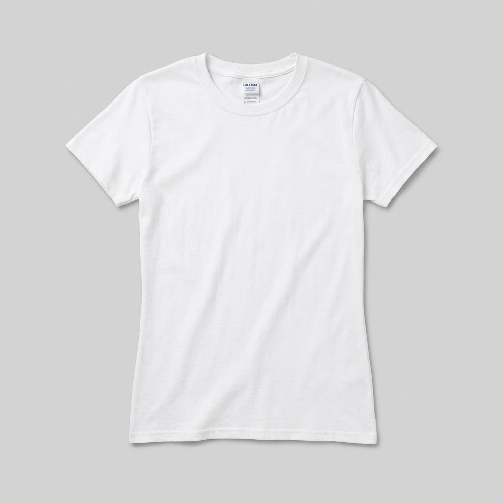 Women's Gildan 64000L softstyle t-shirt in white, blank front view, ready for custom logo printing
