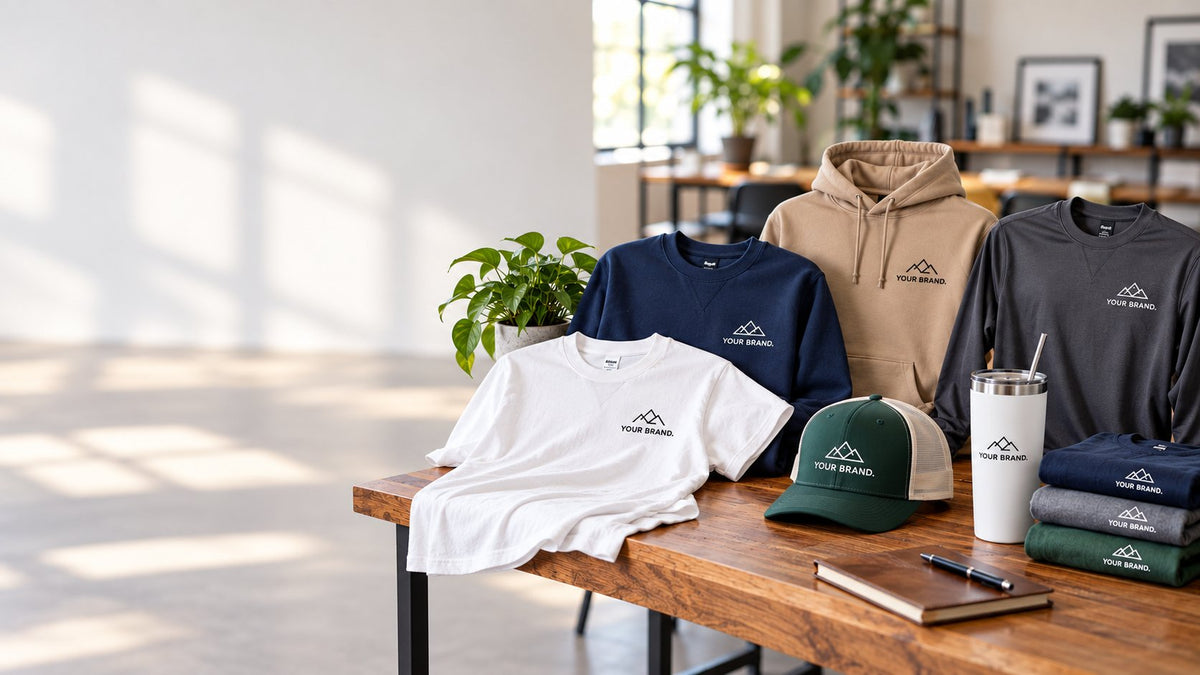 Custom DTF printed business t-shirt, sweatshirt, hoodie, trucker hat and tumbler with company logo