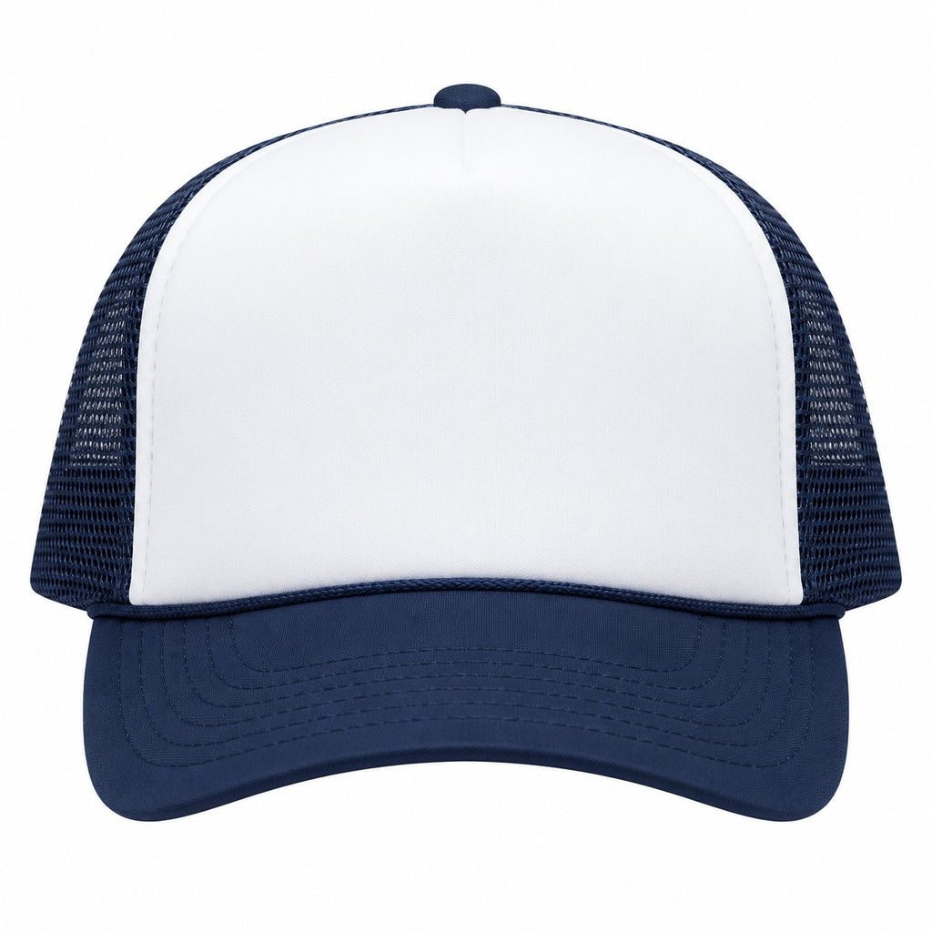 Blank navy and white foam trucker hat for custom DTF logo printing