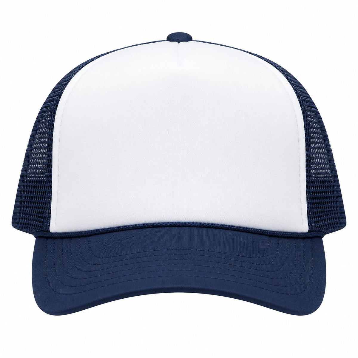 Blank navy and white foam trucker hat for custom DTF logo printing