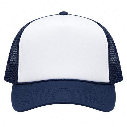 Blank navy and white foam trucker hat for custom DTF logo printing